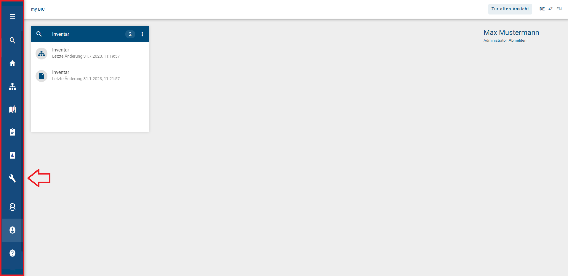 Der Screenshot zeigt das Menü auf der linken Seite des Bildschirms, welches die Menüeinträge durch Icons für jeden Anwendungsbereich darstellt.