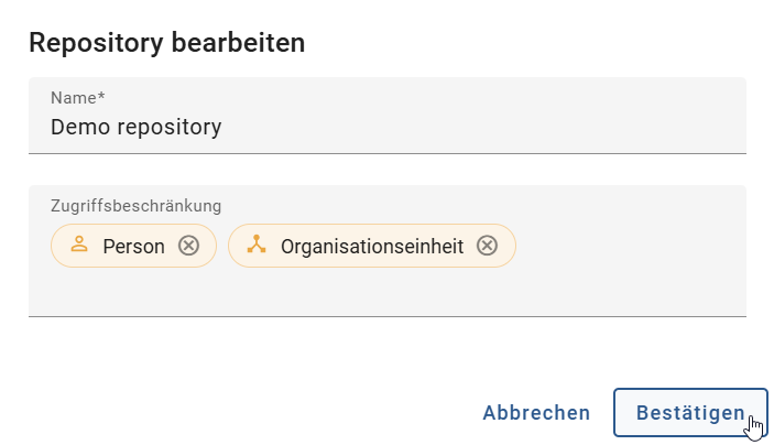 Der Screenshot zeigt den Dialog für das Einstellen einer Zugriffsbeschränkung auf ein Repository.