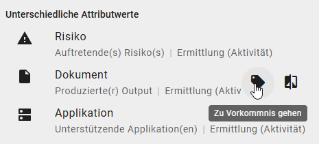 Der Screenshot zeigt eine Liste von Attributen mit unterschiedlichen Attributwerten mit der Option "Zu Vorkommnis gehen".