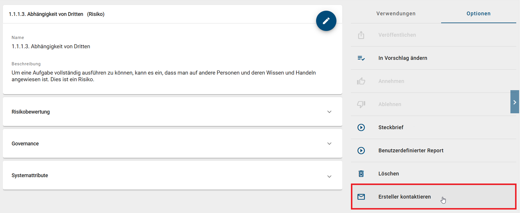 Der Screenshot zeigt die Option "Ersteller kontaktieren" in der Registerkarte "Optionen" eines Katalogeintrags.