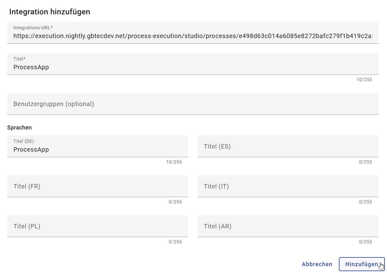 Der Screenshot zeigt das Eingabefester für das Erstellen einer Integration in BIC Process Design.