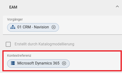 Der Screenshot zeigt das Eingabefeld "Kontextreferenz" in der Attributgruppe "EAM" für ein ausgechecktes Business Capability Kontextdiagramm oder Applikationskontextdiagramm.