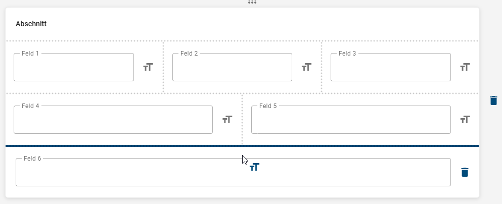 Der Screenshot zeigt mehrere Reihen in einem Abschnittsfeld im Formular-Editor.