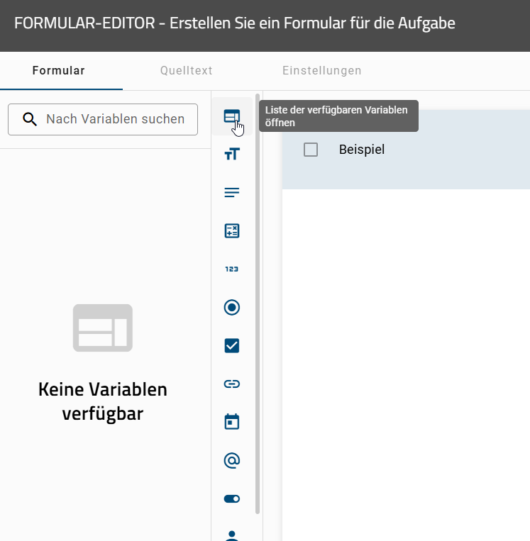 Der Screenshot zeigt die Option, im Formular-Editor eine Liste aller von Ihnen erstellten Prozessvariablen anzuzeigen.