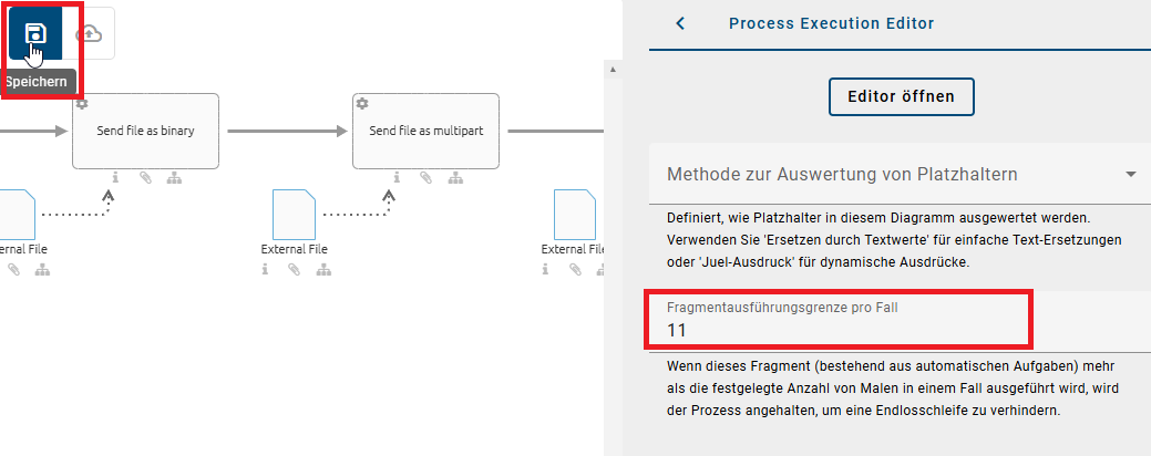 Der Screenshot zeigt die Option die „Fragmentausführungsgrenze pro Fall“ zu speichern.