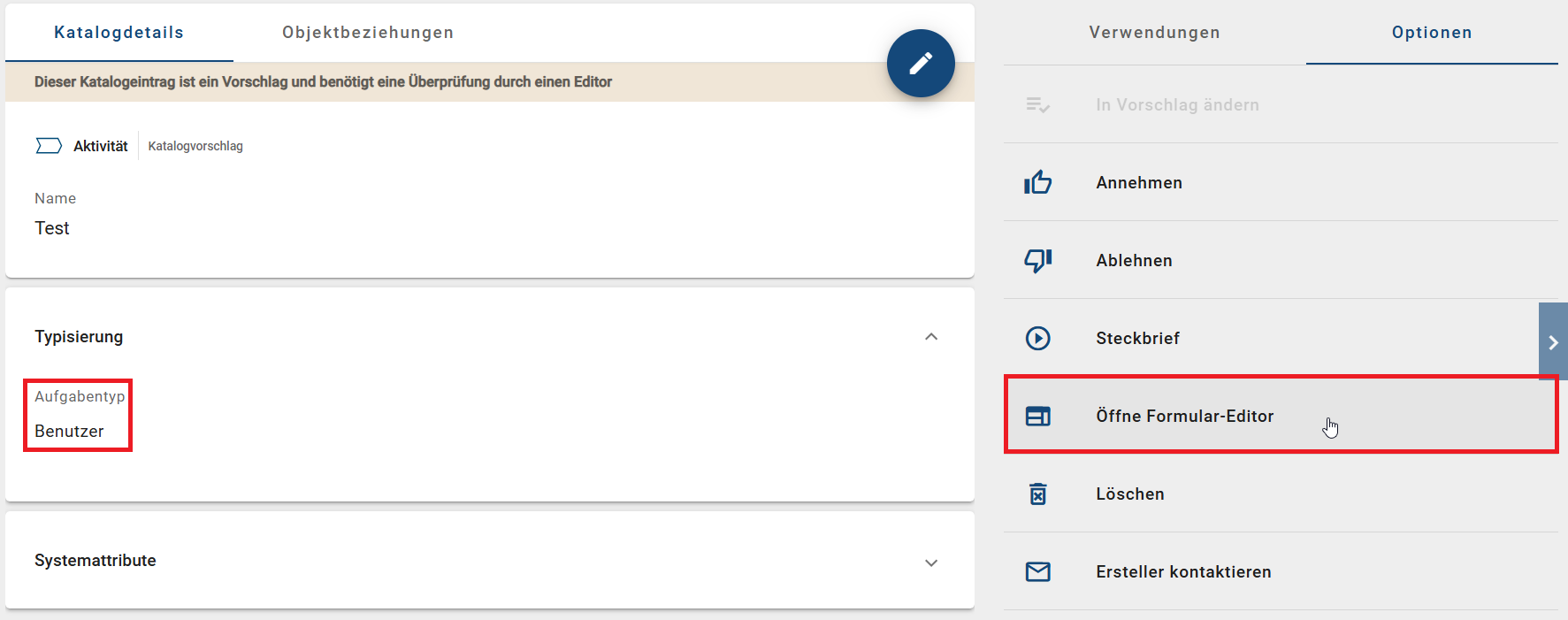 Der Screenshot zeigt die Option zum Öffnen eines Editors in der Detailsansicht einer Aktivität im Katalog.