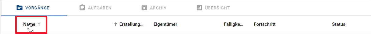 Der Screenshot zeigt die Sortieroption für die Vorgangsliste in einem Prozess.