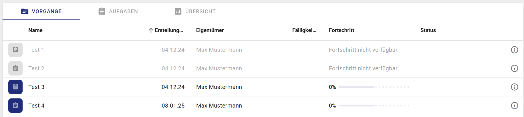 Der Screenshot zeigt die archivierten Vorgänge in einer Vorgangsliste.